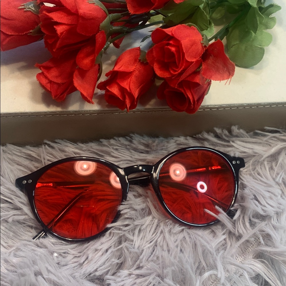 🌹TIJN • Premium Blue Light Blocking Retro Round Sunglasses with Red Lenses • EUC